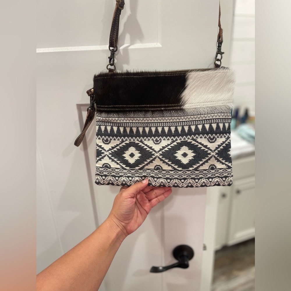 Myra Bag #1932 "Classic" Hairon, Leather, Canvas 11.25"x9.5" Crossbody~Wristlet~